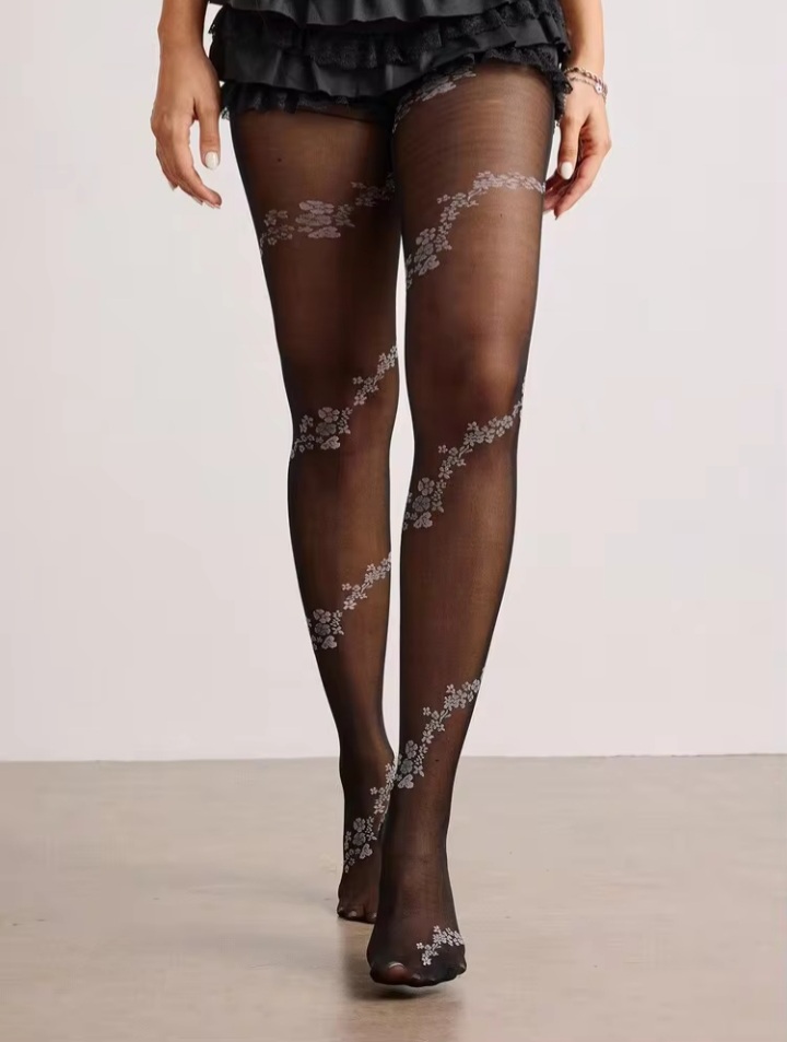 Women’s Sheer Black Floral Pattern Tights – Elegant Transparent Pantyhose with Delicate Vine Design